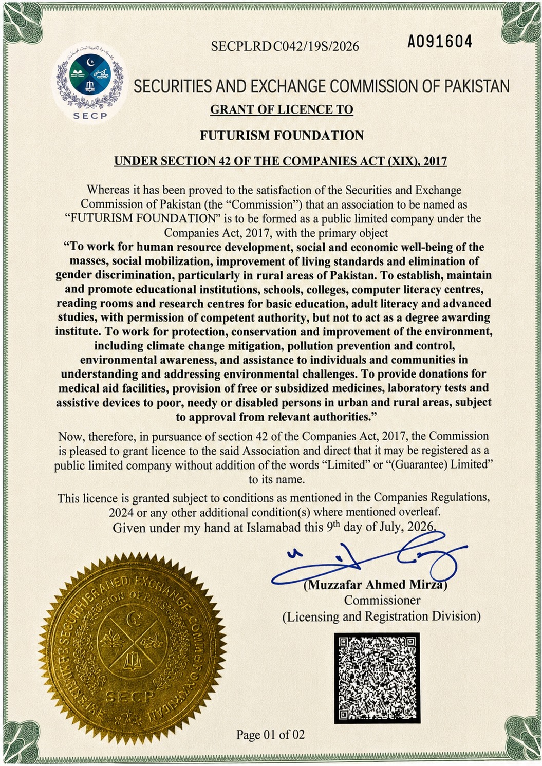 SECP Section 42 licence granted to Futurism Foundation